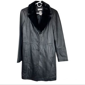 COVINGTON Long Black Leather Jacket Button Front Trench Sz Med Faux Fur Collar